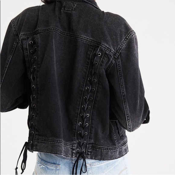 American Eagle Outfitters Jackets & Blazers - American Eagle Lace Up Washed Black Denim Jacket Women’s Large